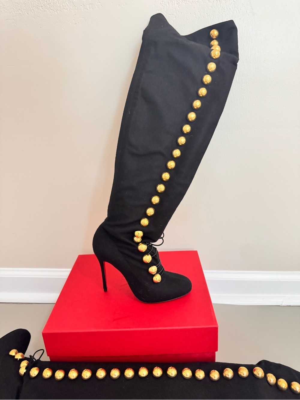 Christian Louboutin Ronfifi Supra Black Suede Gold Button OTK Boots 35.5 - Picture 4 of 10